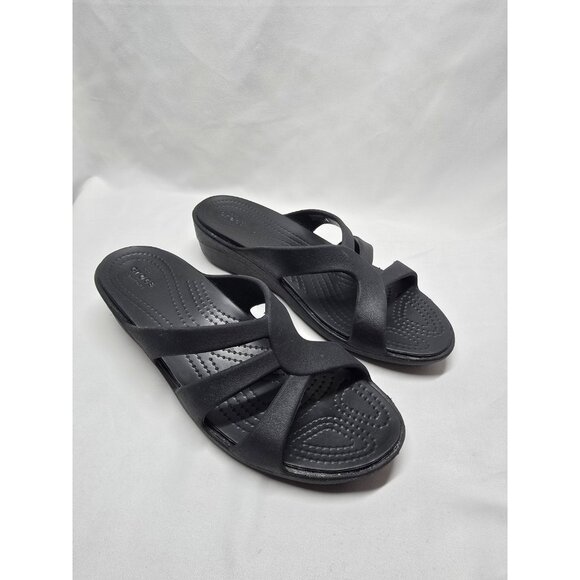 Crocs Women's Sanrah Wedge Strappy Sandals Black Size 9 - Picture 1 of 9